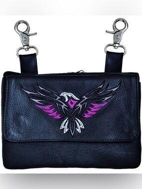 Biker Leather Eagle Hip Bag Pink Black Embroidered Pouch Clip On Waist